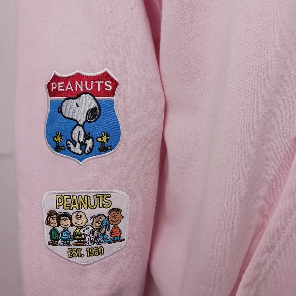 PEANUTS Snoopy Full Zip Hoodie Woodstock Embroidered Sweatshirt Pink Size L NEW - Picture 6 of 16